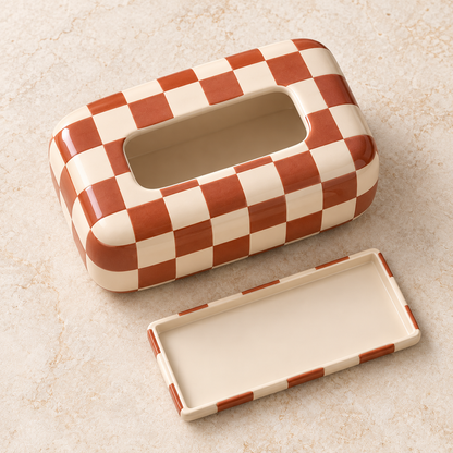 Terracotta and Cream Checkerboard Tissue Box Cover with Rounded Corners and a Bold Graphic Finish