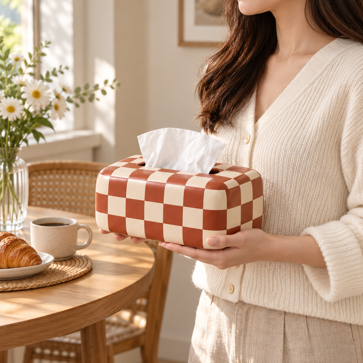 Terracotta and Cream Checkerboard Tissue Box Cover with Rounded Corners and a Bold Graphic Finish