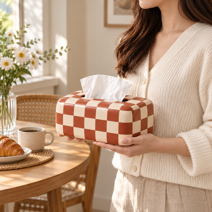 Terracotta and Cream Checkerboard Tissue Box Cover with Rounded Corners and a Bold Graphic Finish